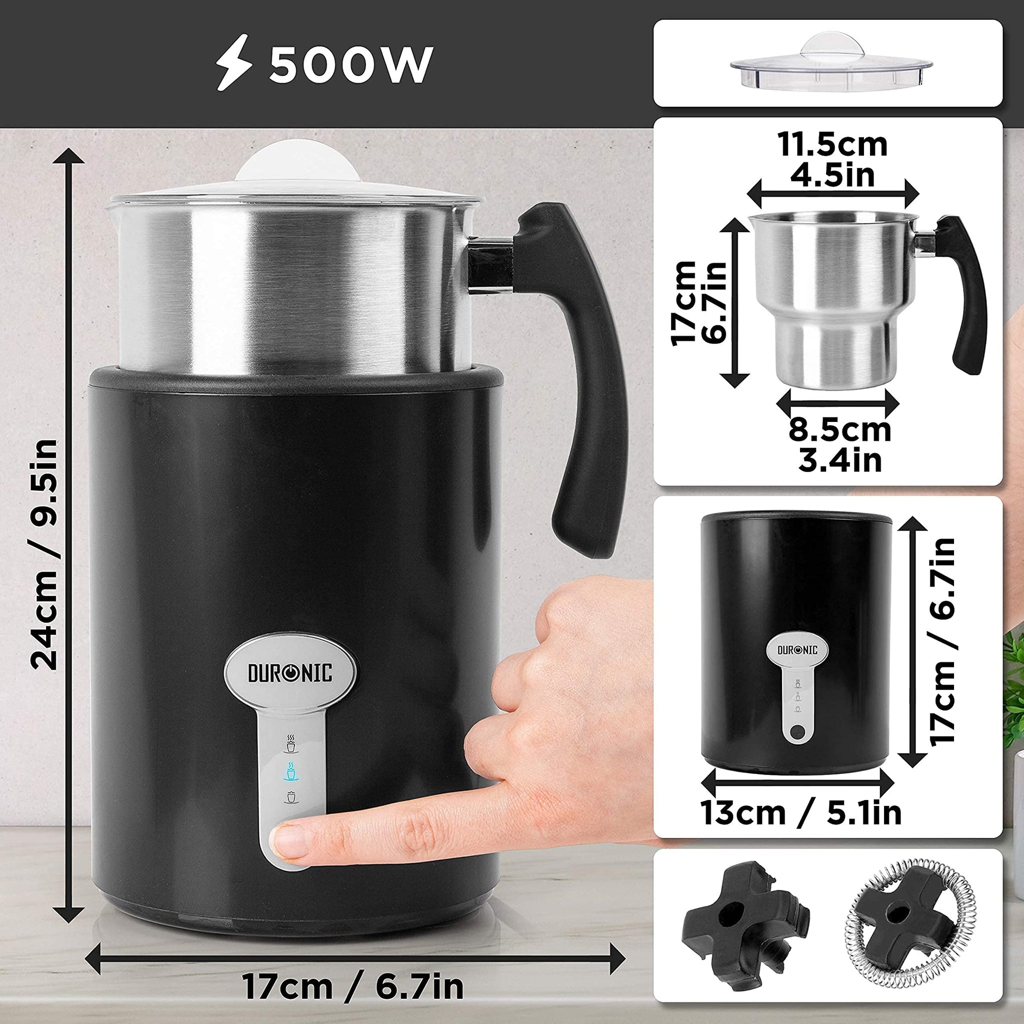 Duronic MF500 BK Czarny spieniacz do mleka wymiary urządzenia, dwa różne mieszalniki, obrotowa podstawa, przezroczysta pokrywka z uchwytem
