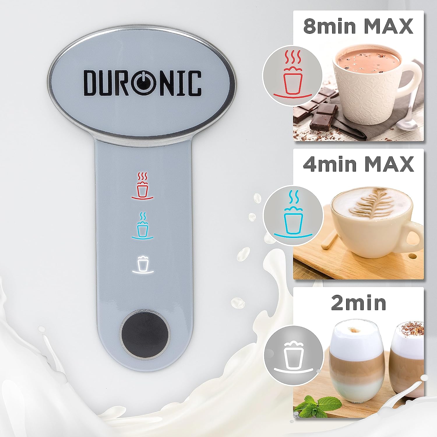 Duronic MF500 WE Biały spieniacz do mleka prosta obsługa jednym palcem, tylko wybrać właściwy mieszalnik, nacisnąć włącznik i wybrać temperaturę
