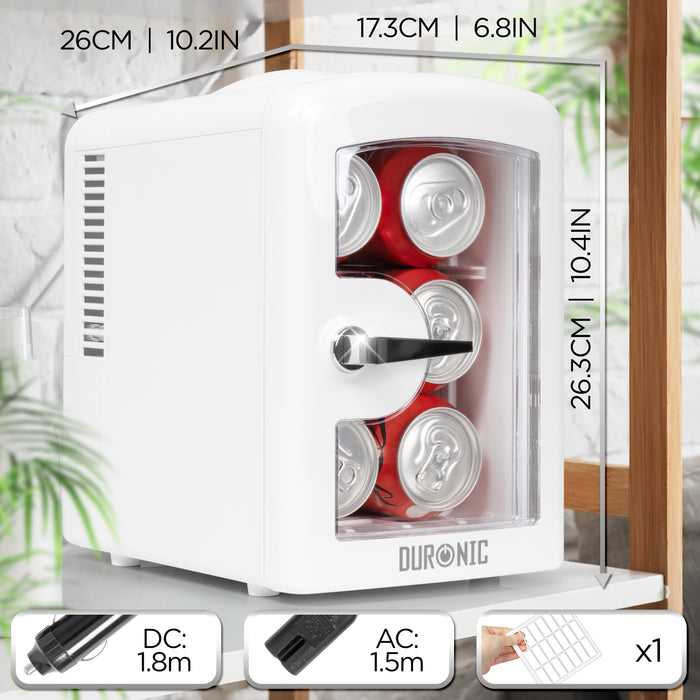 Duronic MFW4 WE Biała Mini lodówka wymiary, 1 wyjmowana półka, zasilanie AC (do domu) i DC (do zapalniczki samochodowej)