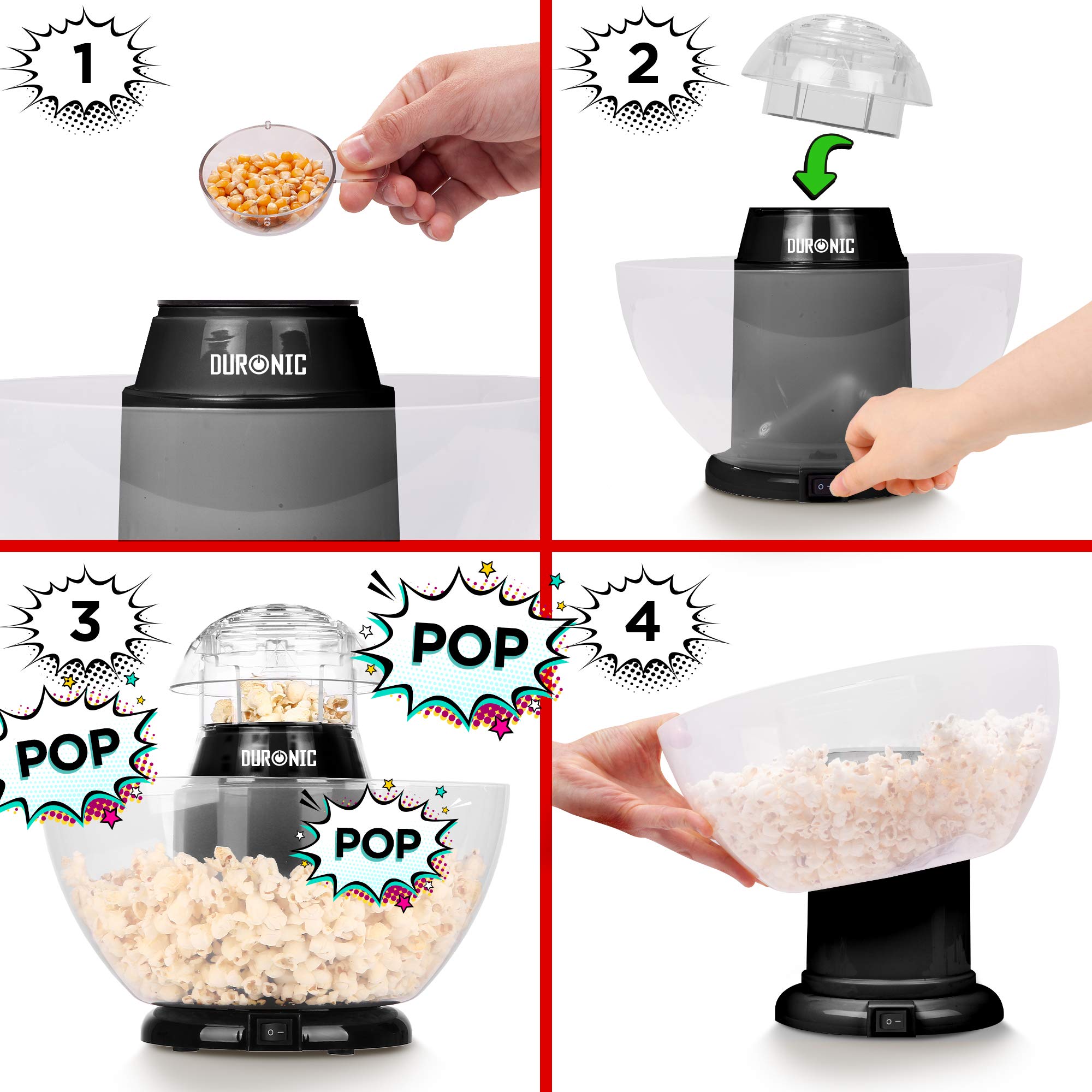Duronic POP50 BK czarna maszynka do popcornu z misą łatwa obsługa: dodać miarką ziarna, nałożyć pokrywkę, ziarna pękają i pojawia się popcorn, ściągnąć misę z gotowym popcornem
