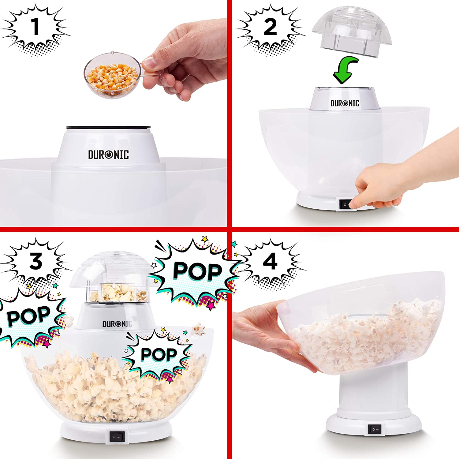 Duronic POP50 WE biała maszynka do popcornu z misą łatwa obsługa: dodać miarką ziarna, nałożyć pokrywkę, ziarna pękają i pojawia się popcorn, ściągnąć misę z gotowym popcornem