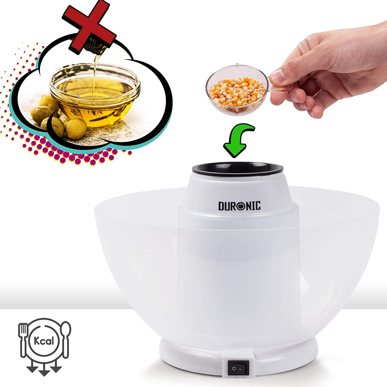Duronic POP50 WE biała maszynka do popcornu z misą dodawanie ziaren, ale nie dodawać oleju do maszyny