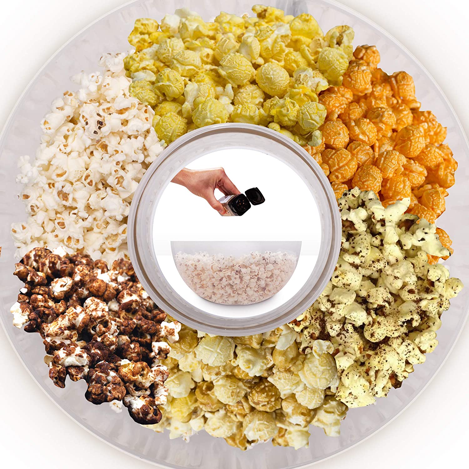 Duronic POP50 WE biała maszynka do popcornu z misą przykłady podania: popcorn z kurkumą, popcorn z papryką, popcorn z karmelem, popcorn z solą, popcorn z kakao