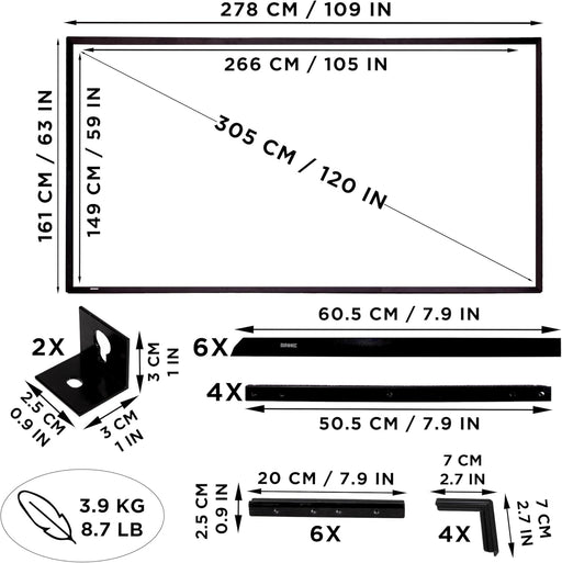 Duronic SFPS120 Ekran Projekcyjny 120 cali o proporcjach 16:9 wymiary oraz elementy wyposażenia waga 3.9 kg