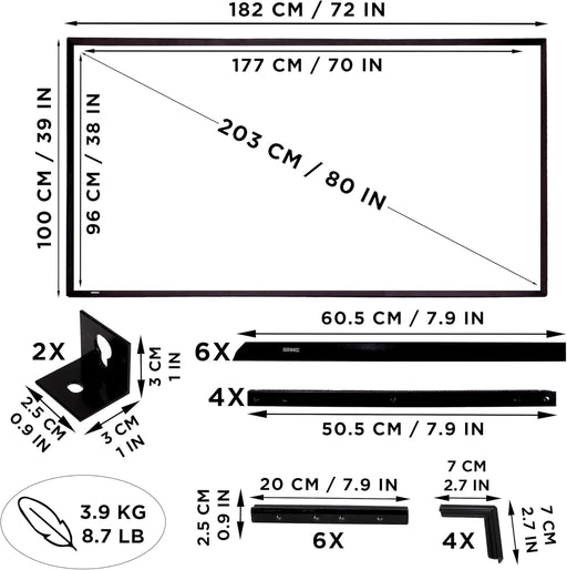 Duronic SFPS80 Ekran Projekcyjny 80 cali o proporcjach 16:9 wymiary oraz elementy wyposażenia waga 3.9 kg