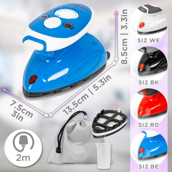 Duronic SI2 BE Żelazko turystyczne mini żelazko 375W wymiary, akcesoria: miarka, pokrowiec, szczotka do zmechaceń, kabel 2 m, selekcja kolorów: WE (biały), BK (czarny), RD (czerwony), BE (niebieski)