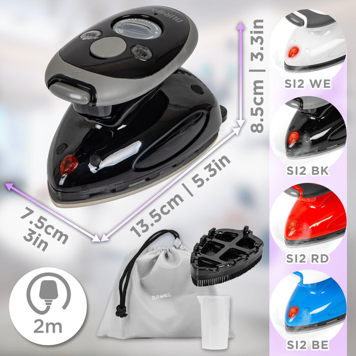 Duronic SI2 BK Żelazko turystyczne mini żelazko 375W wymiary, akcesoria: miarka, pokrowiec, szczotka do zmechaceń, kabel 2 m, selekcja kolorów: WE (biały), BK (czarny), RD (czerwony), BK (niebieski)
