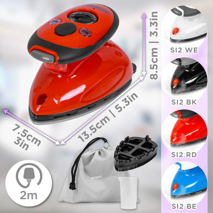 Duronic SI2 RD Żelazko turystyczne mini żelazko 375W wymiary, akcesoria: miarka, pokrowiec, szczotka do zmechaceń, kabel 2 m, selekcja kolorów: WE (biały), BK (czarny), RD (czerwony), BE (niebieski)
