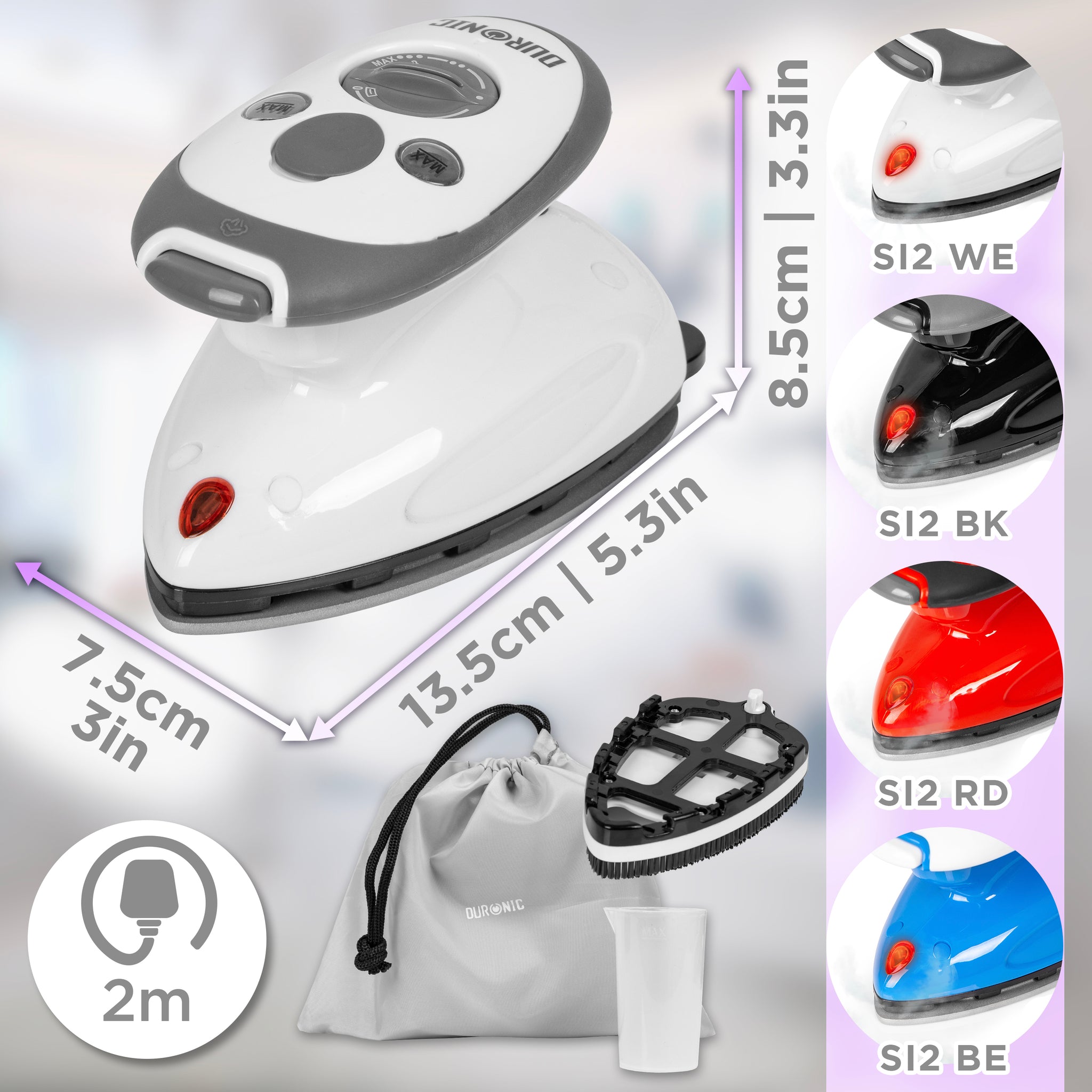 Duronic SI2 WE Żelazko turystyczne mini żelazko 375W wymiary, akcesoria: miarka, pokrowiec, szczotka do zmechaceń, kabel 2 m, selekcja kolorów: WE (biały), BK (czarny), RD (czerwony), BE (niebieski)
