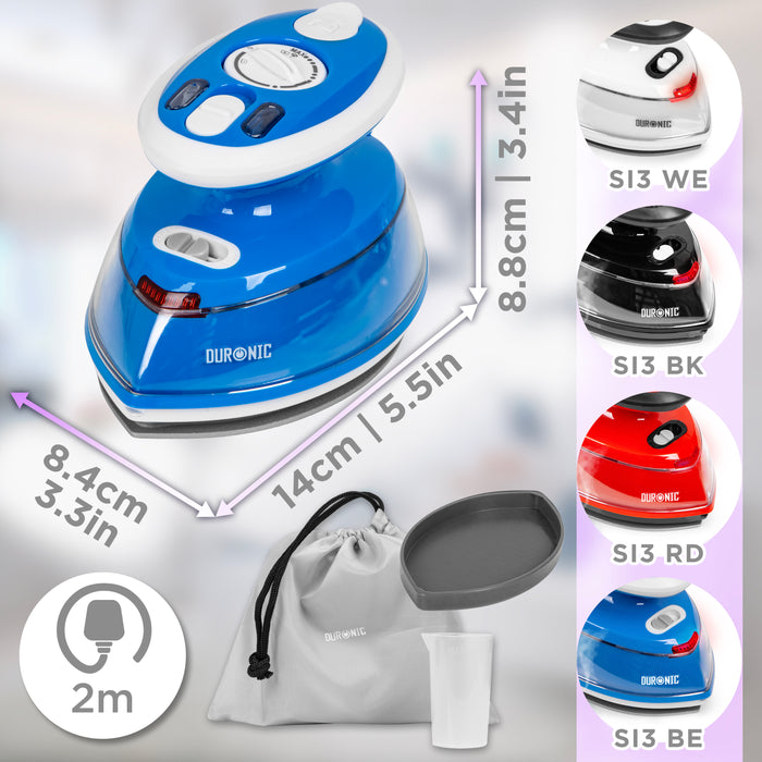 Duronic SI3 BE Żelazko turystyczne mini żelazko 400W wymiary, 3 stopnie temperatury,  długość kabla 2m, akcesoria: miarka, pokrowiec, silikonowa podkładka, kabel 2 m, selekcja kolorów: WE (biały), BK (czarny), RD (czerwony), BE (niebieski)