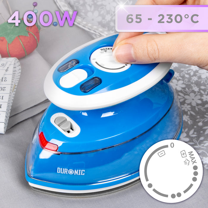 Duronic SI3 BE Żelazko turystyczne mini żelazko moc 400W, regulacja temperatury 65 - 230 stopni, wyrzut par