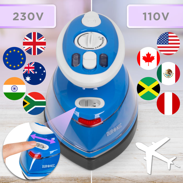 Duronic SI3 BE Żelazko turystyczne mini żelazko z przełącznikiem 230V i 110V do podróży po całym świecie: Kanada, Stany, Meksyk Australia, Europa itp.