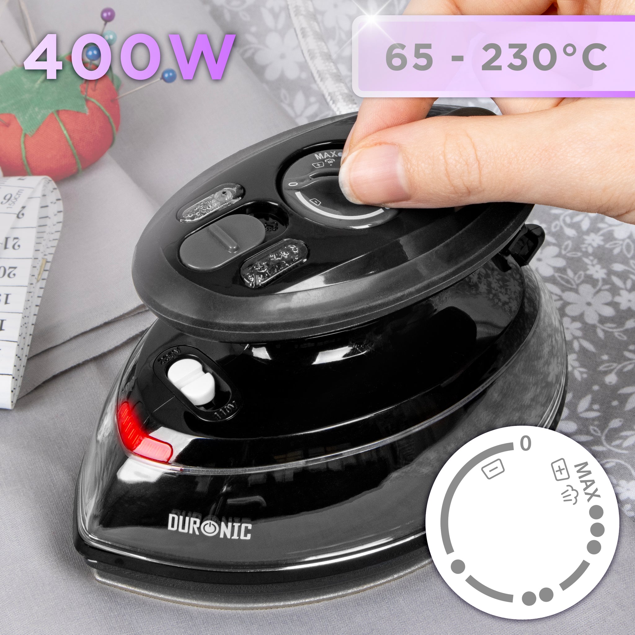 Duronic SI3 BK Żelazko turystyczne mini żelazko moc 400W, regulacja temperatury 65 - 230 stopni, wyrzut pary