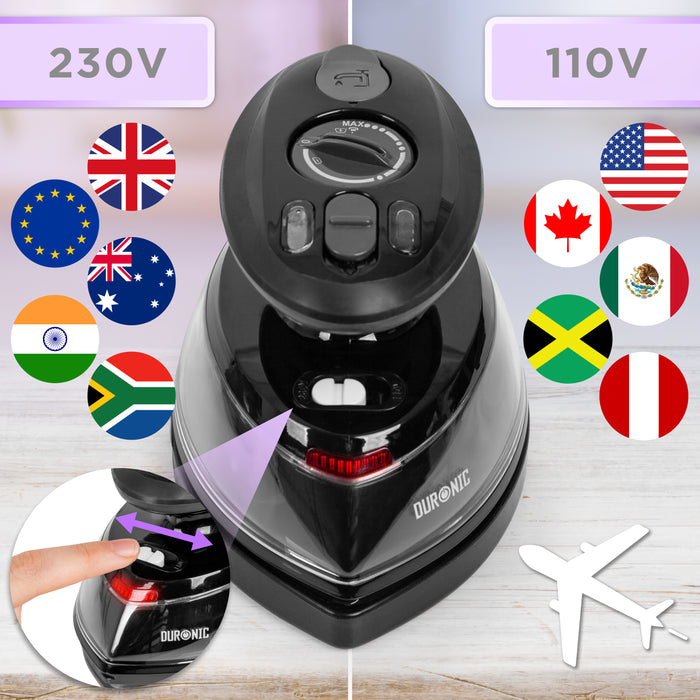 Duronic SI3 BK Żelazko turystyczne mini żelazko z przełącznikiem 230V i 110V do podróży po całym świecie: Kanada, Stany, Meksyk Australia, Europa itp.