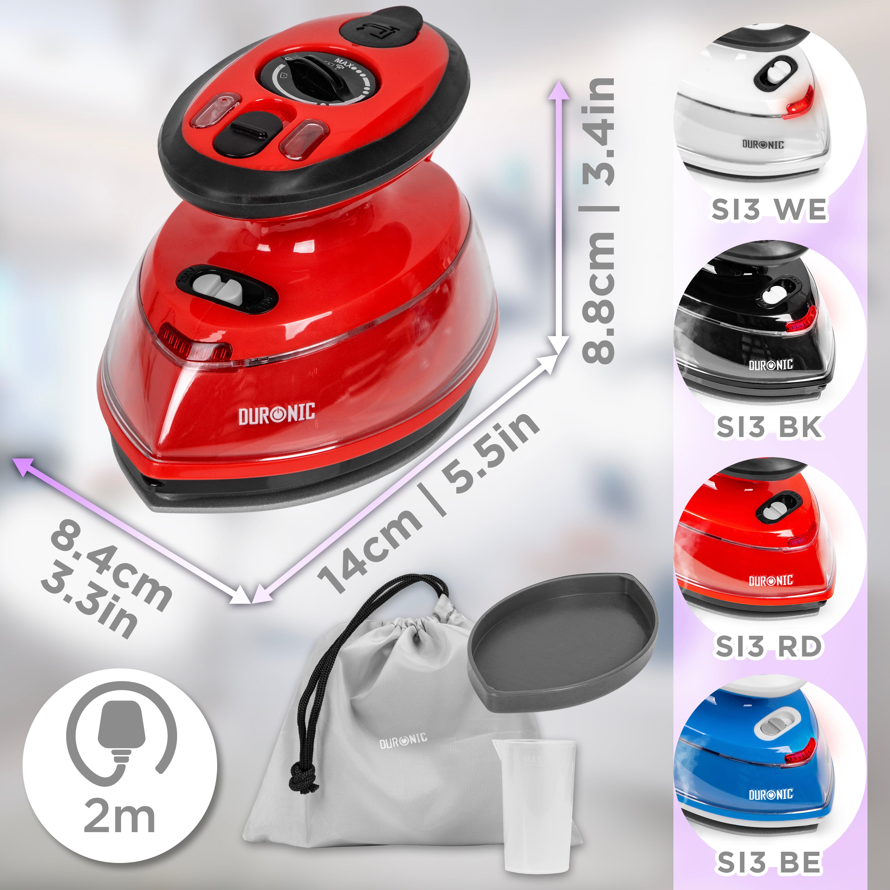 Duronic SI3 RD Żelazko turystyczne mini żelazko 400W wymiary, 3 stopnie temperatury,  długość kabla 2m, akcesoria: miarka, pokrowiec, silikonowa podkładka, kabel 2 m, selekcja kolorów: WE (biały), RD (czarny), RD (czerwony), BE (niebieski)