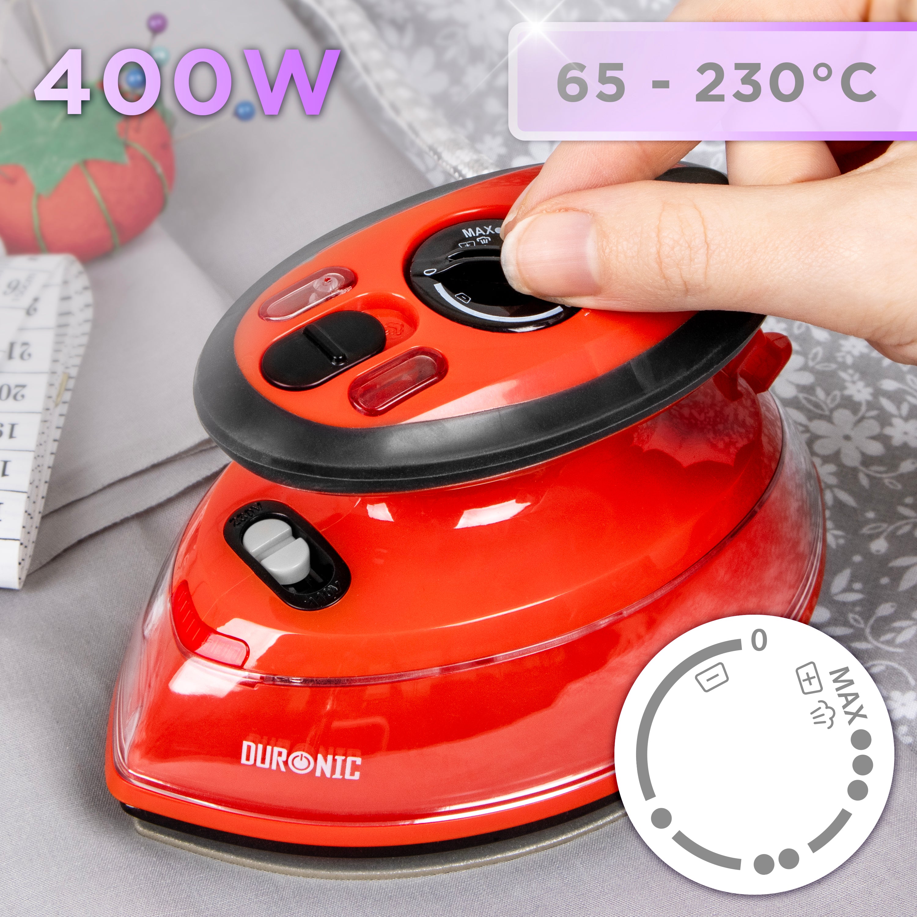 Duronic SI3 RD Żelazko turystyczne mini żelazko moc 400W, regulacja temperatury 65 - 230 stopni, wyrzut pary