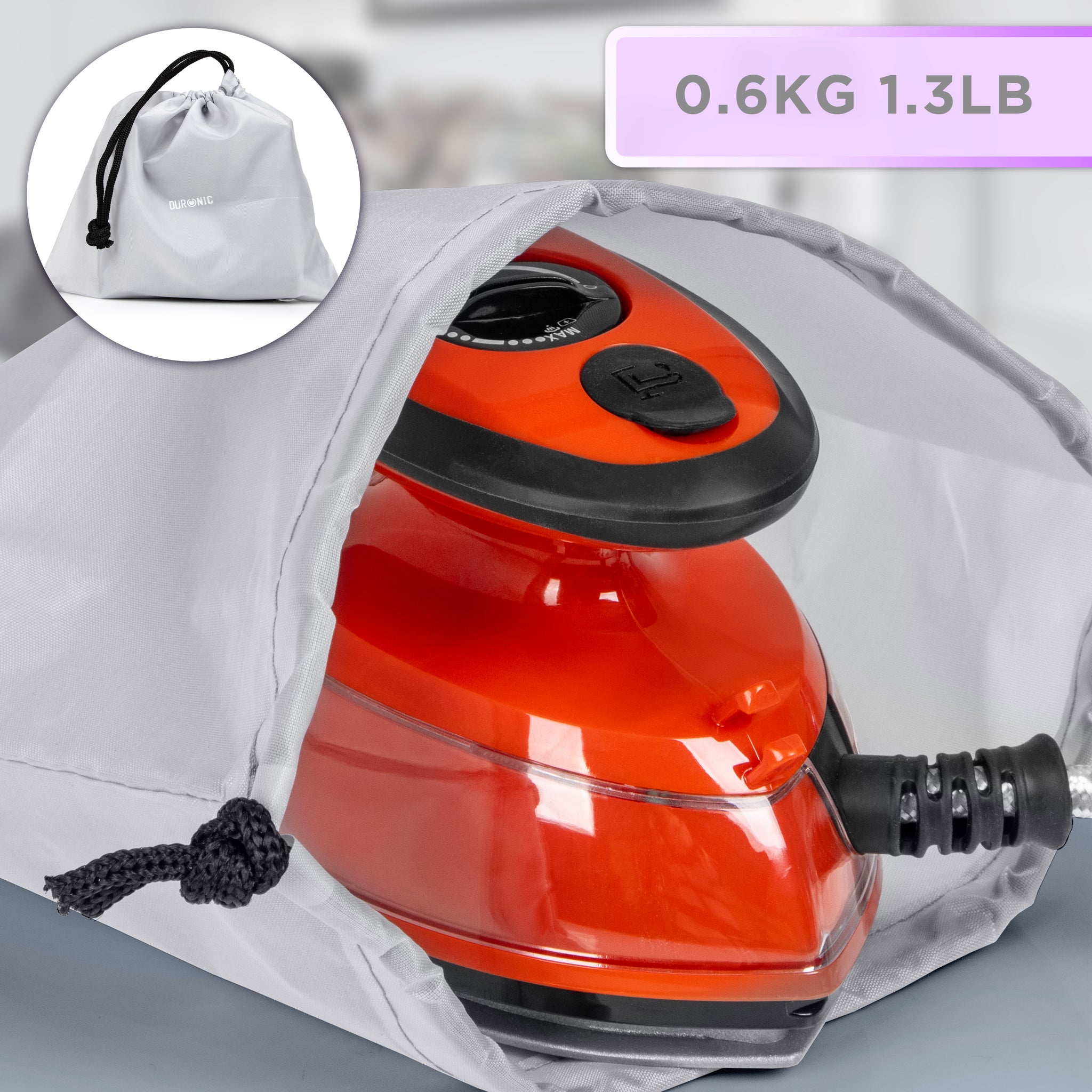 Duronic SI3 RD Żelazko turystyczne mini żelazko waga do 0,6 kg, pokrowiec do schowania żelazka