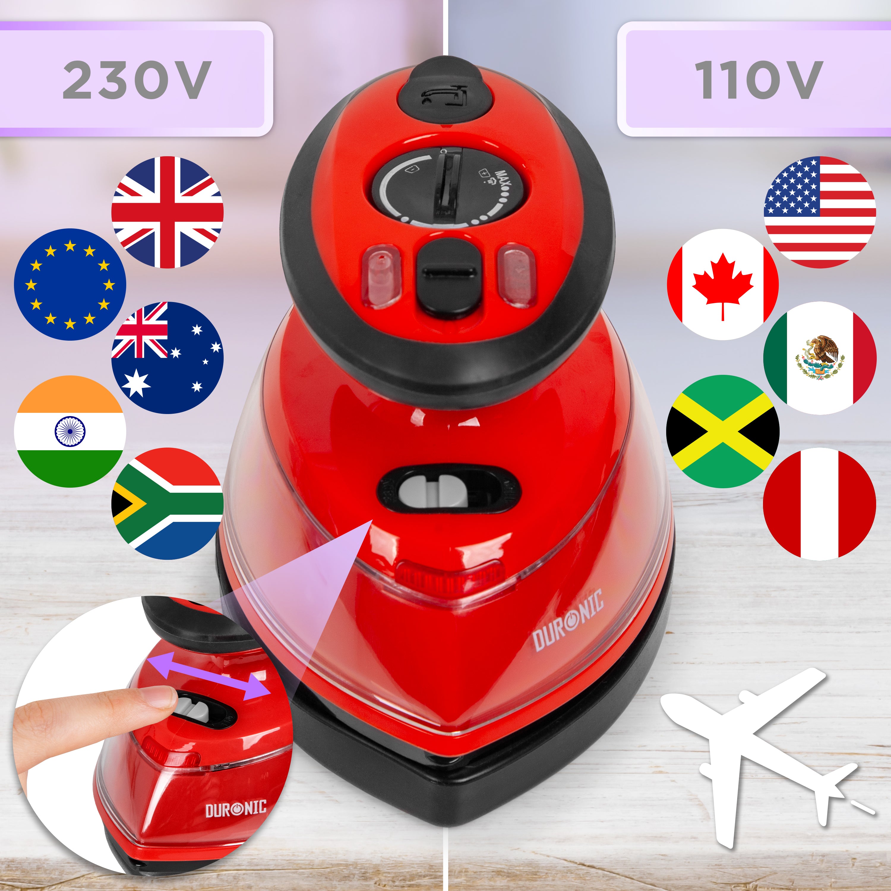 Duronic SI3 RD Żelazko turystyczne mini żelazko z przełącznikiem 230V i 110V do podróży po całym świecie: Kanada, Stany, Meksyk Australia, Europa itp.