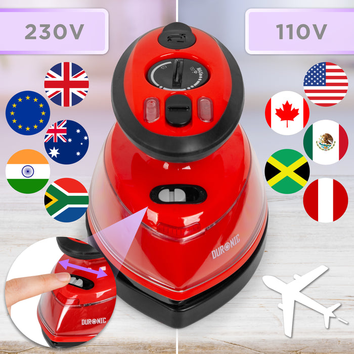 Duronic SI3 RD Żelazko turystyczne mini żelazko z przełącznikiem 230V i 110V do podróży po całym świecie: Kanada, Stany, Meksyk Australia, Europa itp.