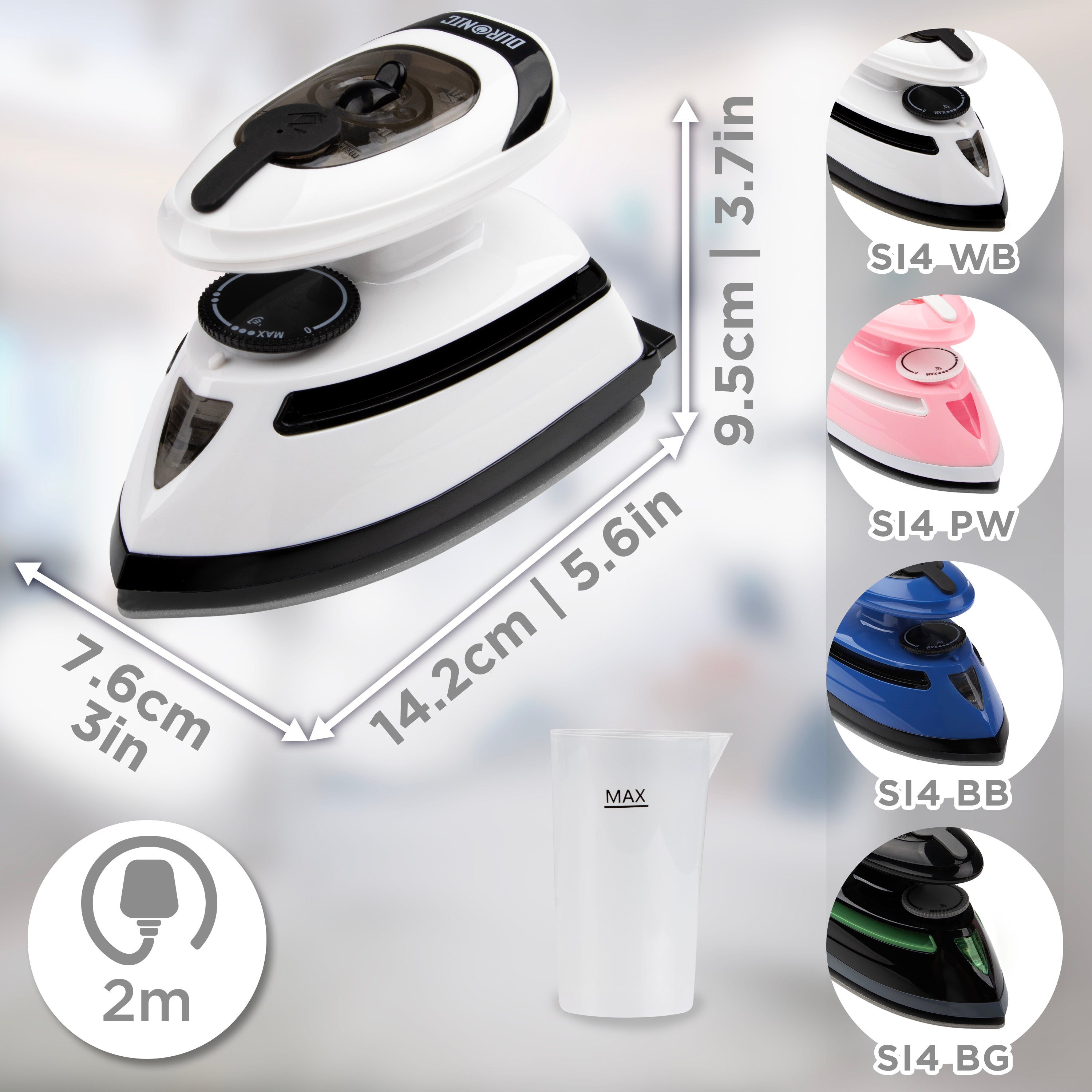 Duronic SI3 WB Żelazko turystyczne mini żelazko 420W wymiary, długość kabla 2 m, akcesoria: miarka, selekcja kolorów: WB (biało-czarny), PW (różowo-biały), BB (niebiesko-czarny), BG (czarno-zielony)