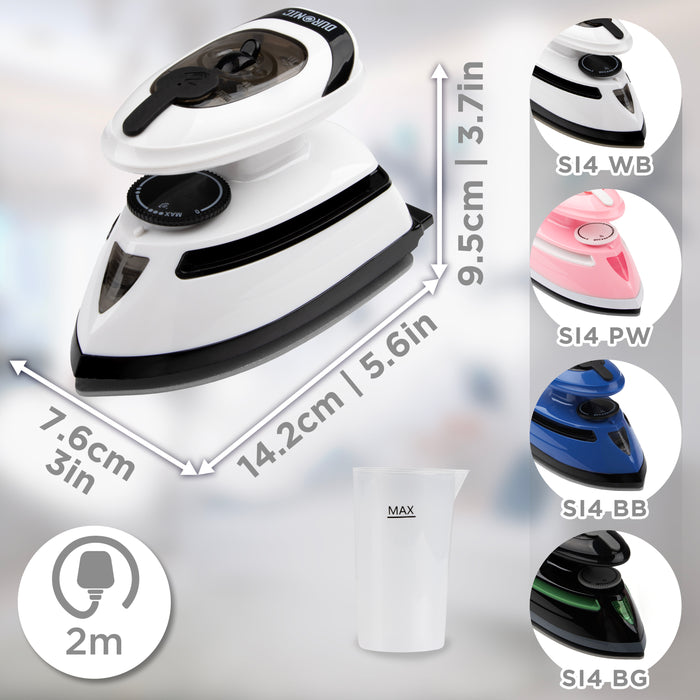 Duronic SI3 WB Żelazko turystyczne mini żelazko 420W wymiary, długość kabla 2 m, akcesoria: miarka, selekcja kolorów: WB (biało-czarny), PW (różowo-biały), BB (niebiesko-czarny), BG (czarno-zielony)