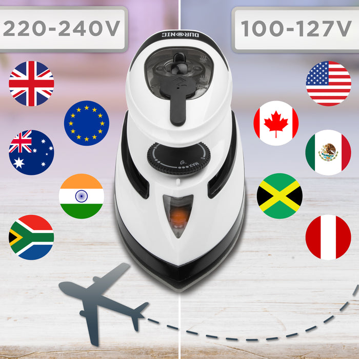 Duronic SI3 WB Żelazko turystyczne mini żelazko z przełącznikiem 220 - 240V i 100-127V do podróży po całym świecie: Kanada, Stany, Meksyk Australia, Europa itp.