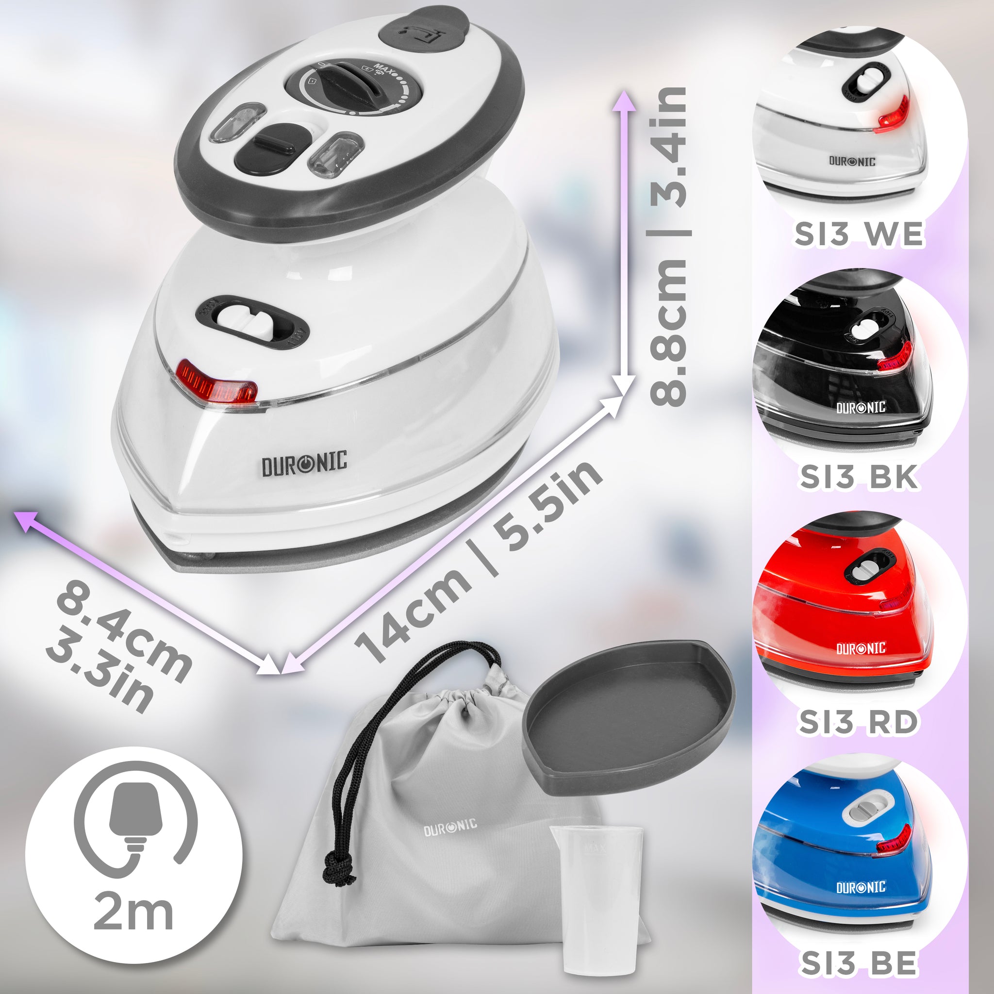 Duronic SI3 WE Żelazko turystyczne mini żelazko 400W wymiary, 3 stopnie temperatury,  długość kabla 2m, akcesoria: miarka, pokrowiec, silikonowa podkładka, kabel 2 m, selekcja kolorów: WE (biały), BK (czarny), RD (czerwony), BE (niebieski)