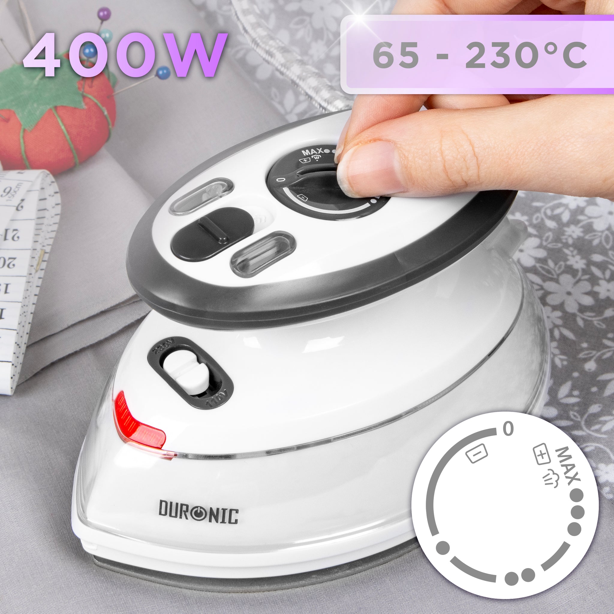 Duronic SI3 WE Żelazko turystyczne mini żelazko moc 400W, regulacja temperatury 65 - 230 stopni, wyrzut pary