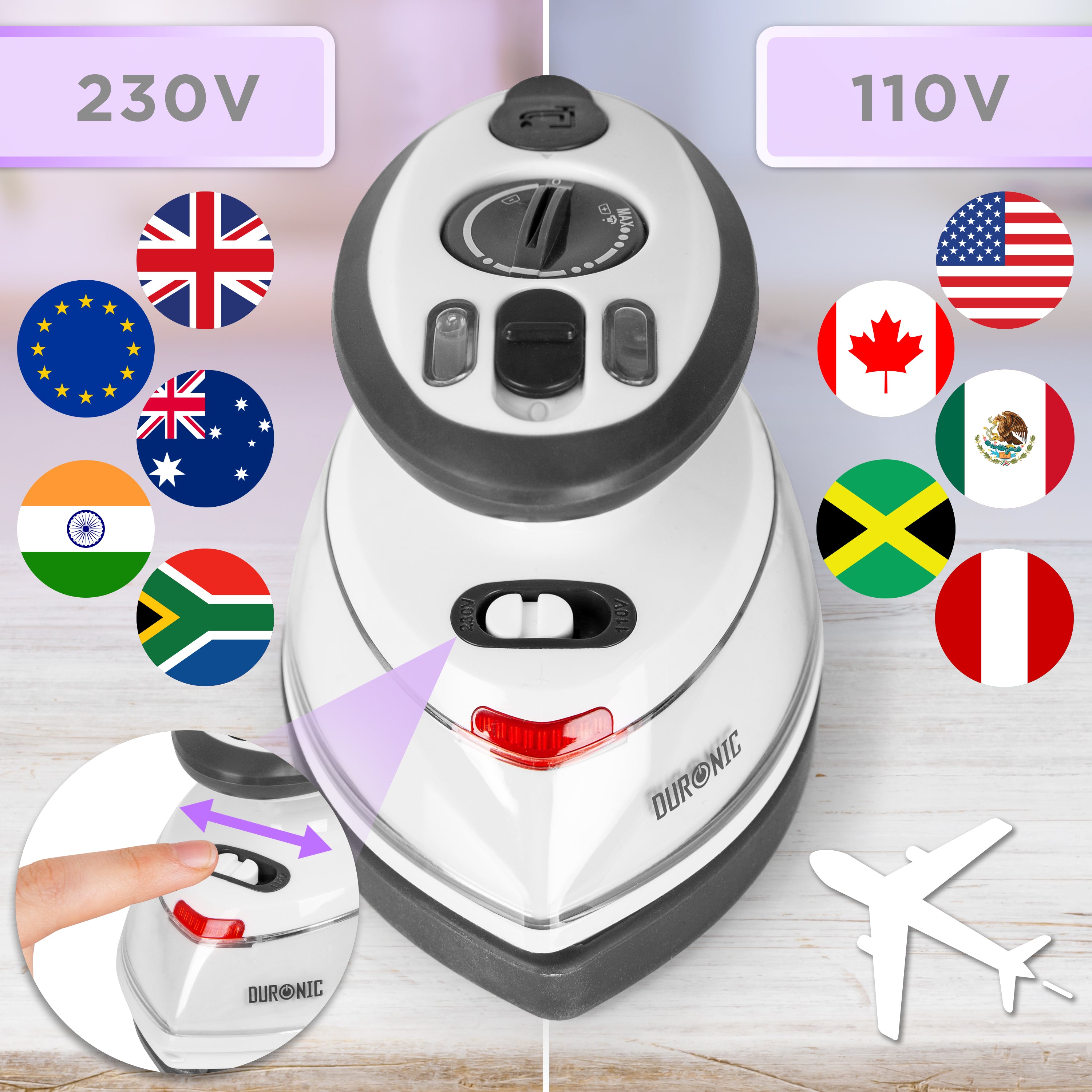Duronic SI3 WE Żelazko turystyczne mini żelazko z przełącznikiem 230V i 110V do podróży po całym świecie: Kanada, Stany, Meksyk Australia, Europa itp.