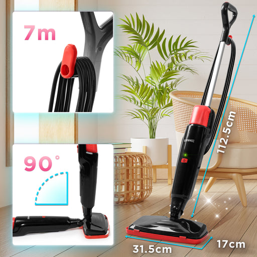 Duronic STM15 BK Elektryczny mop parowy prostokątny, długość kabla 7 m , głowica z kątem do 90 st dla wygodnego mycia pod meblami, wymiary podstawy i całego urządzenia