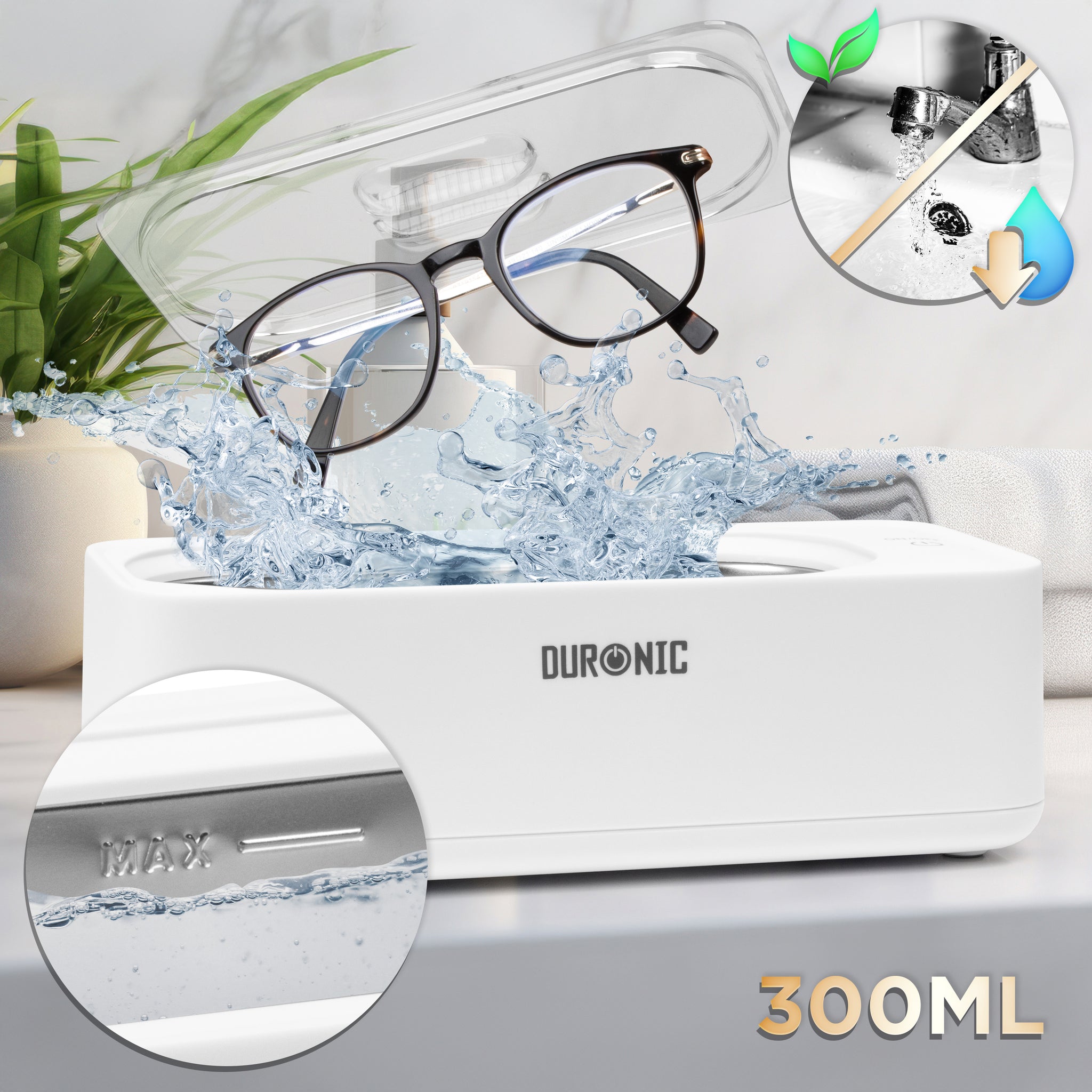 Duronic UC30 Myjka ultradźwiękowa pojemność 300 ml, wystarczy napełnić pojemnik wodą nie przekraczając poziomu MAX, włożyć przedmioty pojemnika