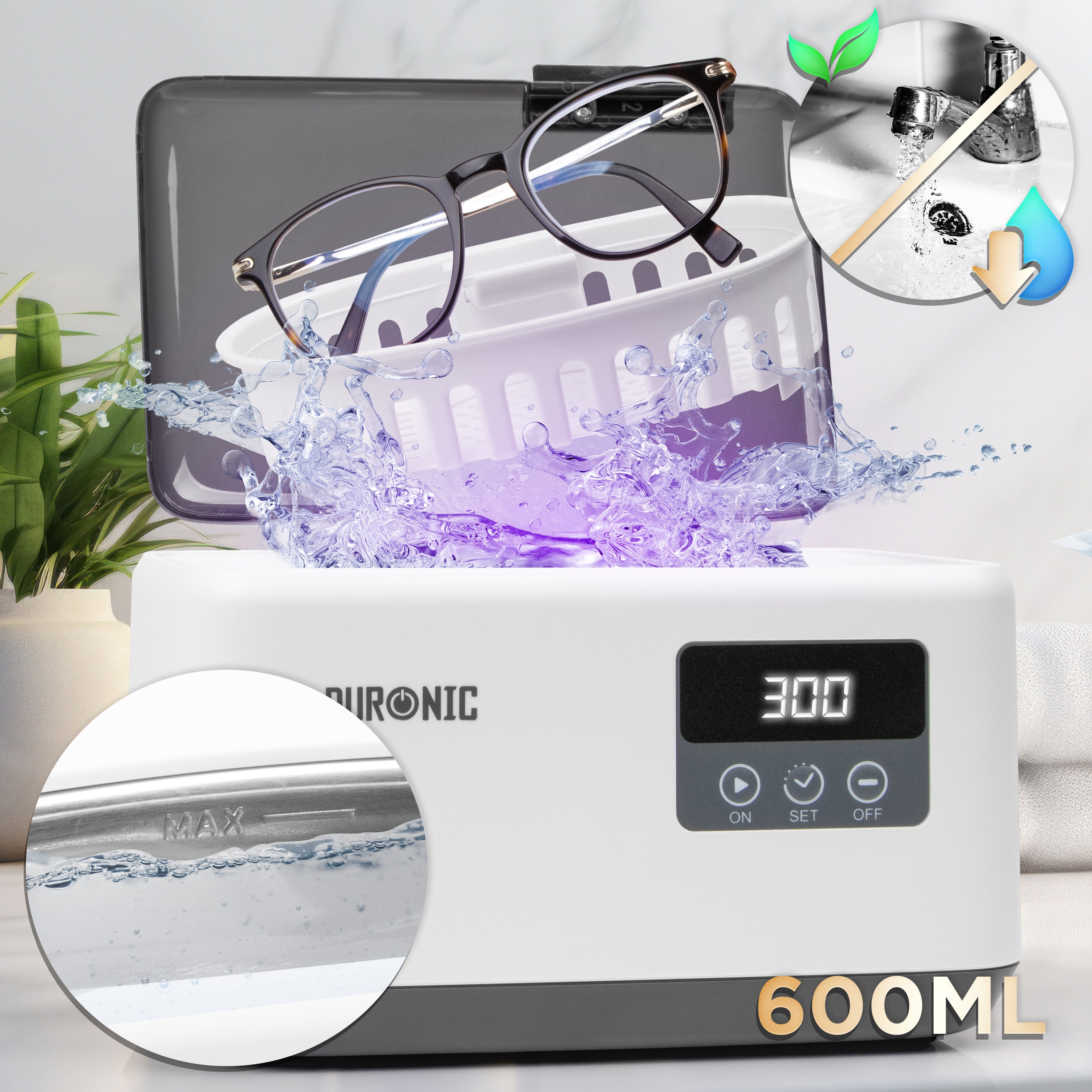 Duronic UC60 Myjka ultradźwiękowa pojemność 600 ml, wystarczy napełnić pojemnik wodą nie przekraczając poziomu MAX, włożyć przedmioty do koszyczka