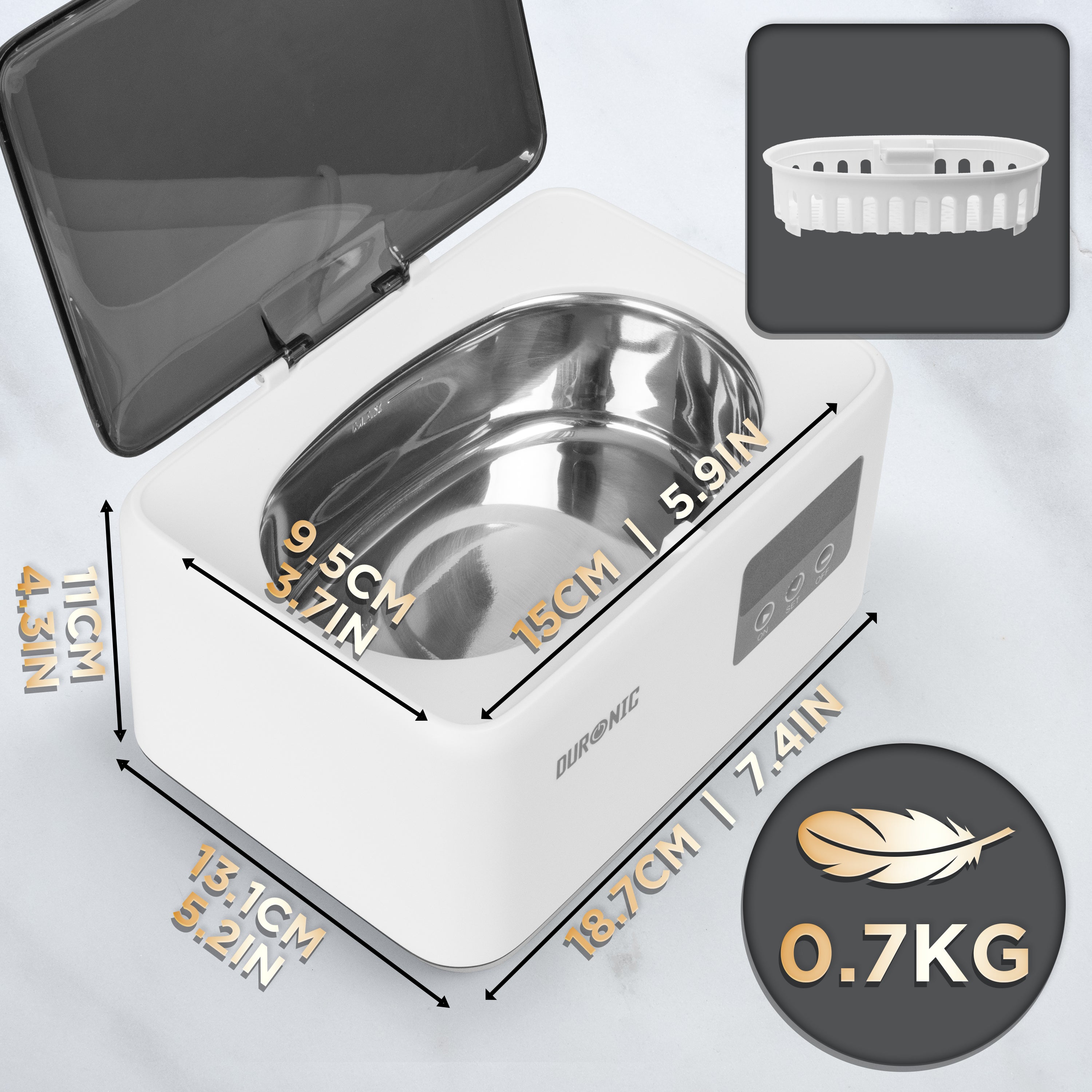 Duronic UC60 Myjka ultradźwiękowa wymiary, wyjmowany koszyczek na biżuterię, lekka - 0.7 kg