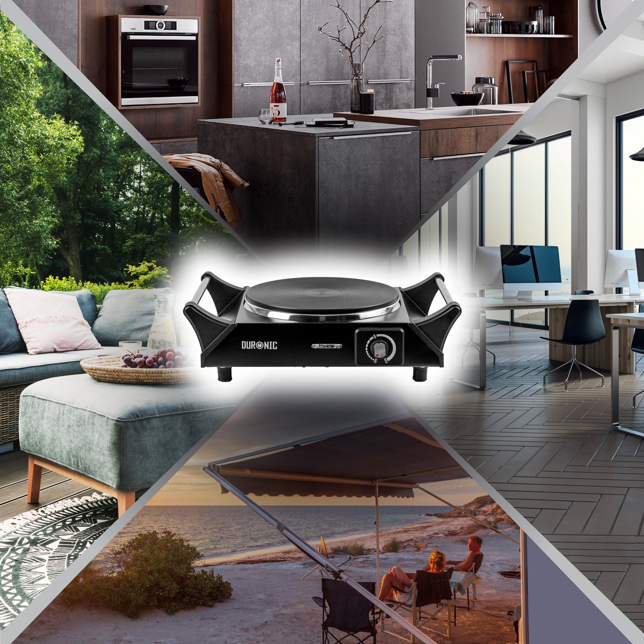 Duronic HP1 BK Przenośna kuchenka turystyczna 1500W jeden palnik jednopalnikowa czarna palnik elektryczny z uchwytami