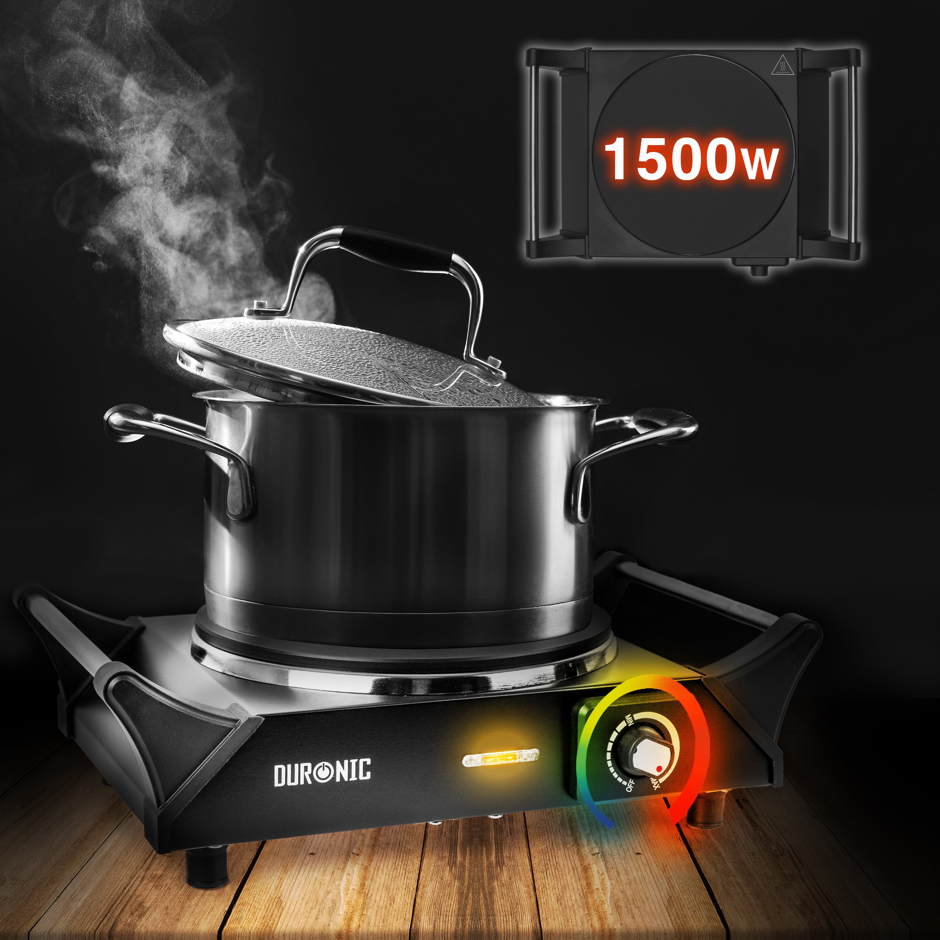 Duronic HP1 BK Przenośna kuchenka turystyczna 1500W jeden palnik jednopalnikowa czarna palnik elektryczny z uchwytami