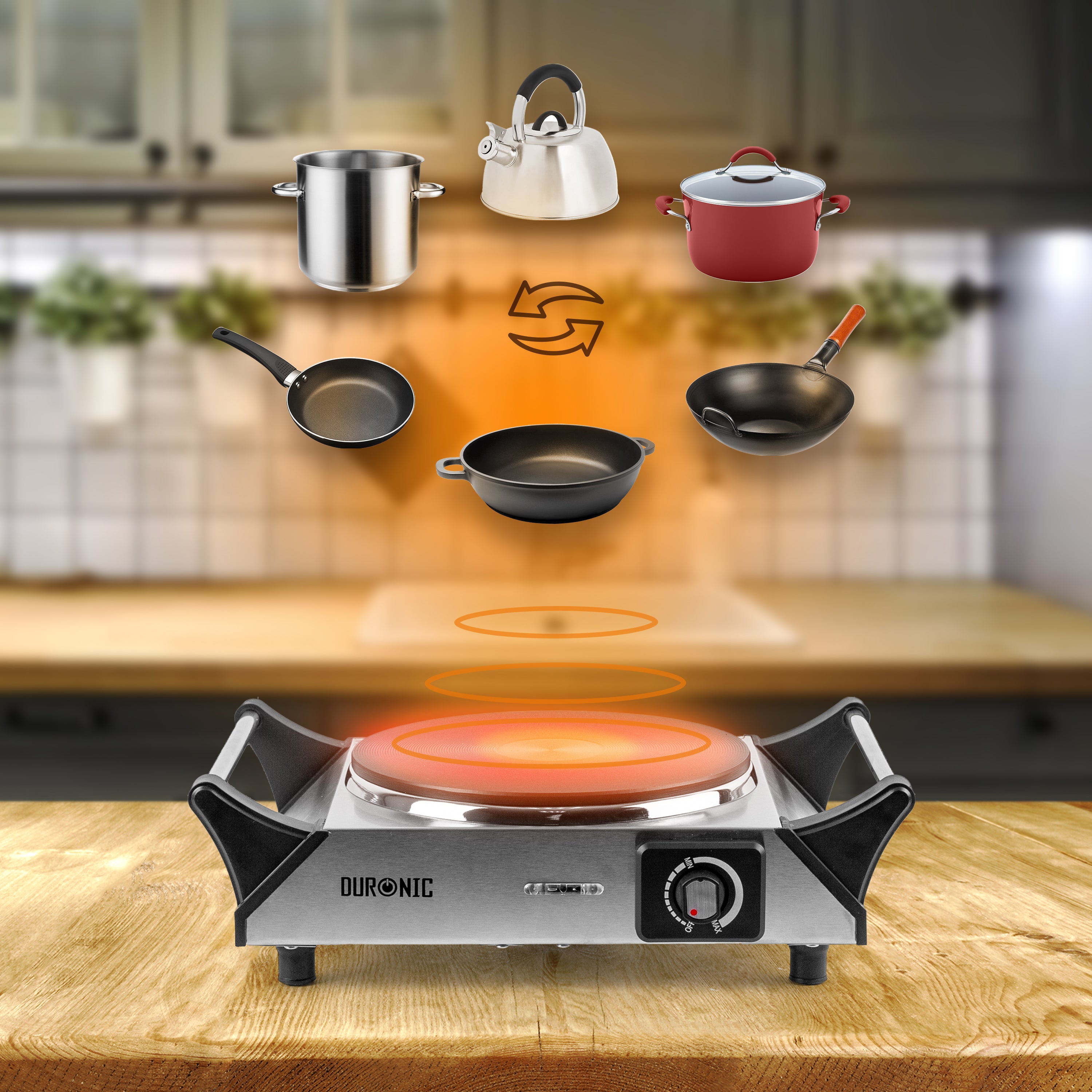 Duronic HP1 SS Przenośna kuchenka turystyczna 1500W jeden palnik  jednopalnikowa stal nierdzewna palnik elektryczny z uchwytami