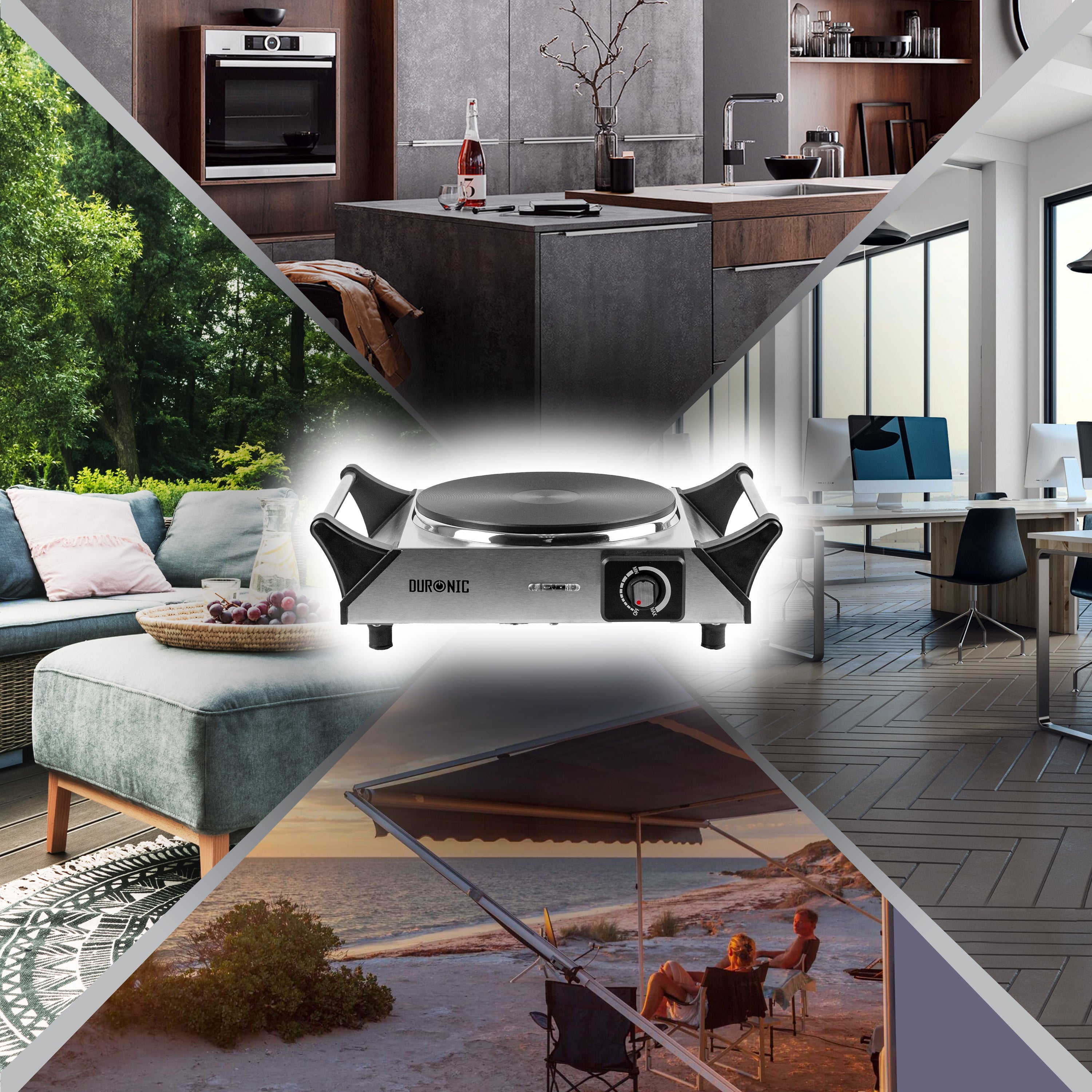 Duronic HP1 SS Przenośna kuchenka turystyczna 1500W jeden palnik  jednopalnikowa stal nierdzewna palnik elektryczny z uchwytami