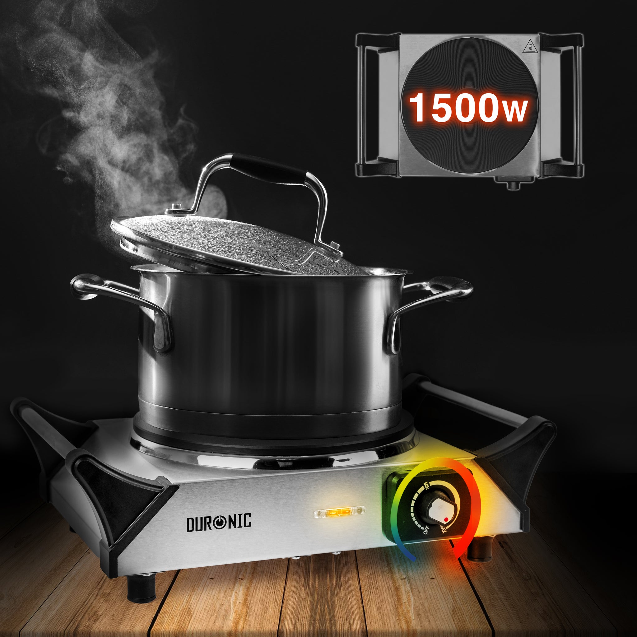 Duronic HP1 SS Przenośna kuchenka turystyczna 1500W jeden palnik  jednopalnikowa stal nierdzewna palnik elektryczny z uchwytami