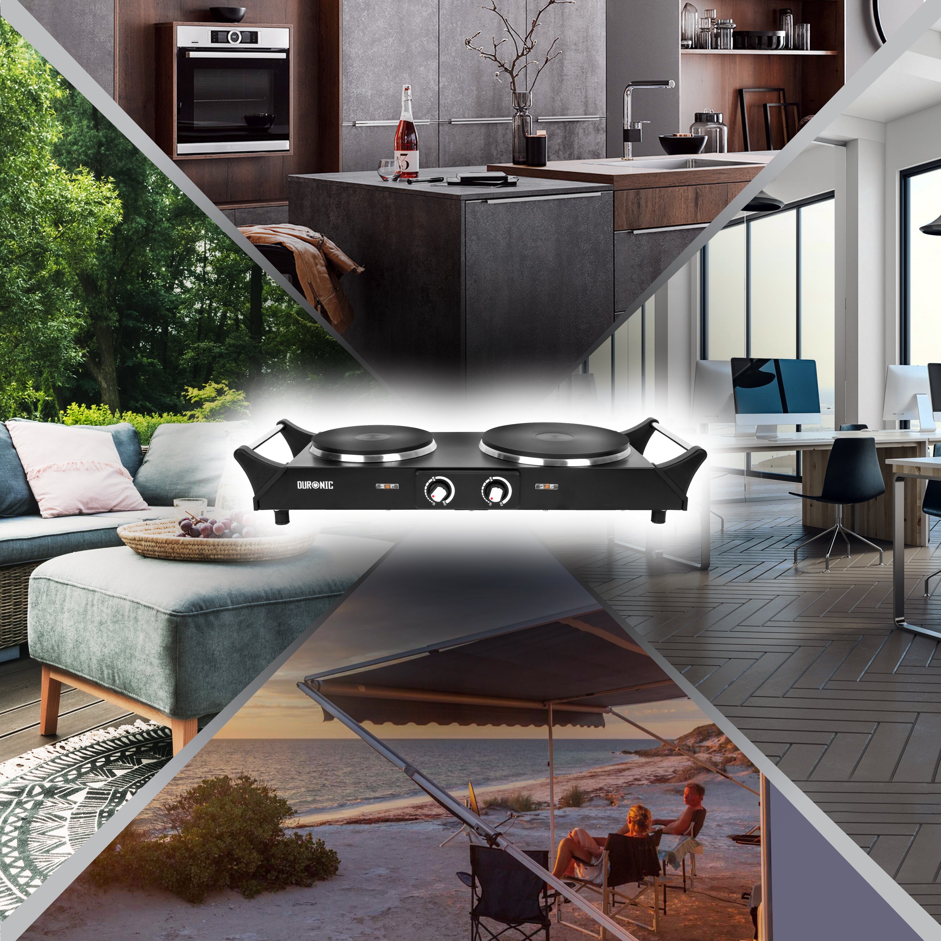 Duronic HP2 BK Przenośna kuchenka turystyczna 2500W dwa palniki dwupalnikowa czarna palnik elektryczny z uchwytami