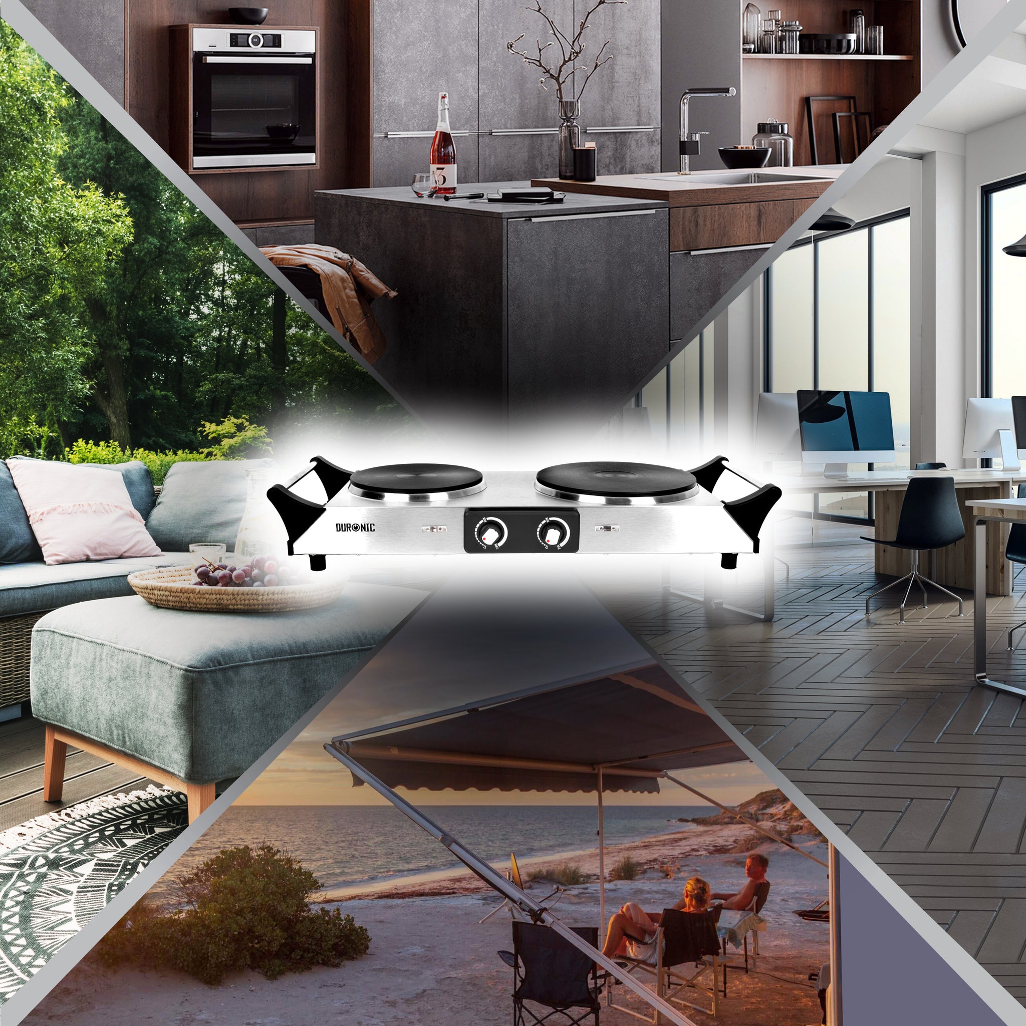 Duronic HP2 SS Przenośna kuchenka turystyczna 2500W dwa palniki dwupalnikowa stal nierdzewna palnik elektryczny z uchwytami