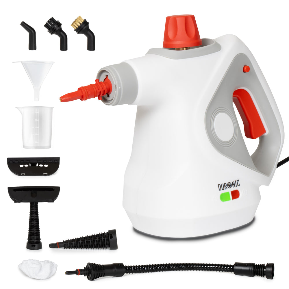 Duronic SC32 WE Myjka parowa ciśnieniowa do sprzątania do 350 ml ręczna wielofunkcyjna parownica do domu, okien, tapicerki, biała, czyścik parowy