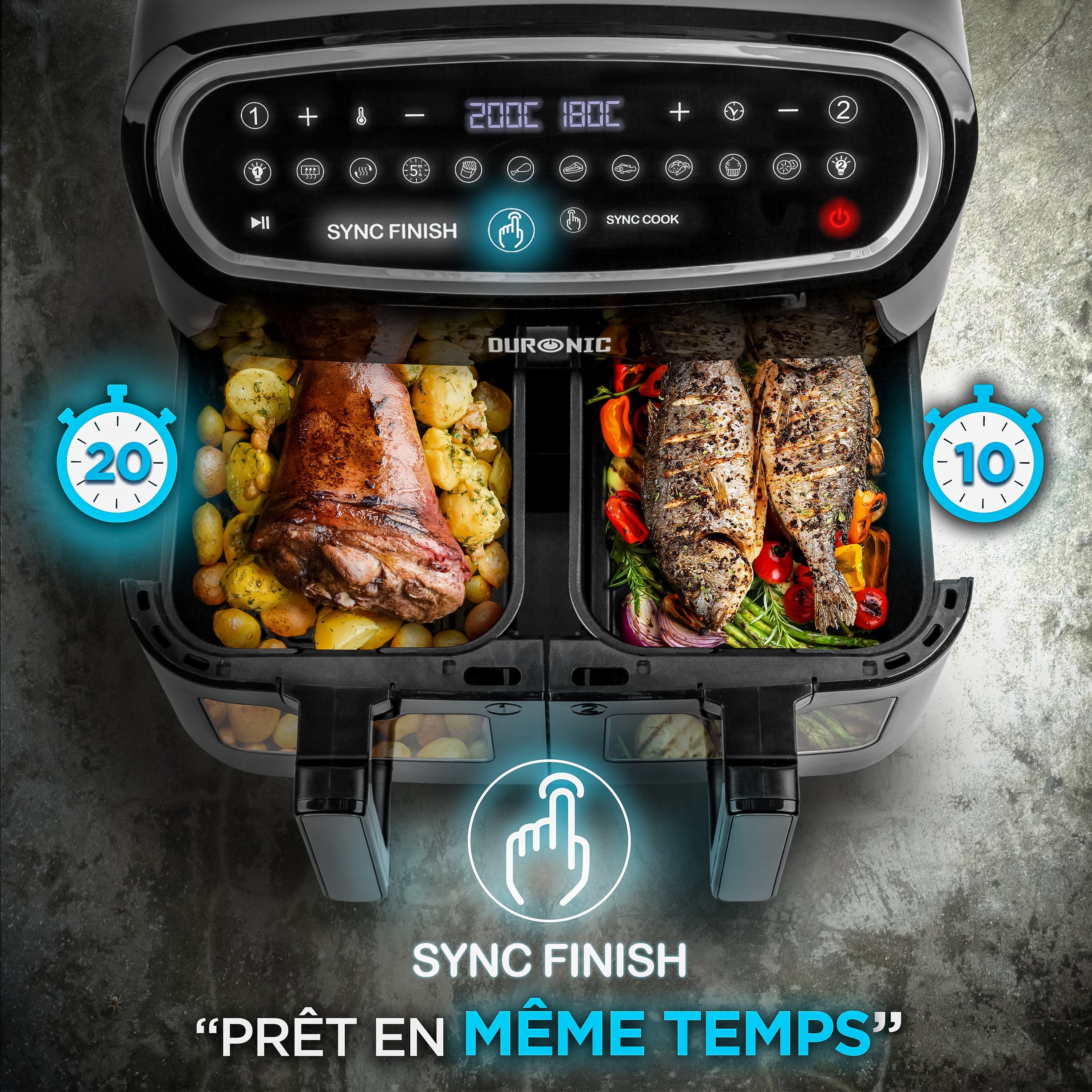 Duronic AF24 BK Airfryer XXL dwie komory po 4,5l  | frytkownica beztłuszczowa podwójna | na gorące powietrze piekarnik | temperatura 50-200 stopni