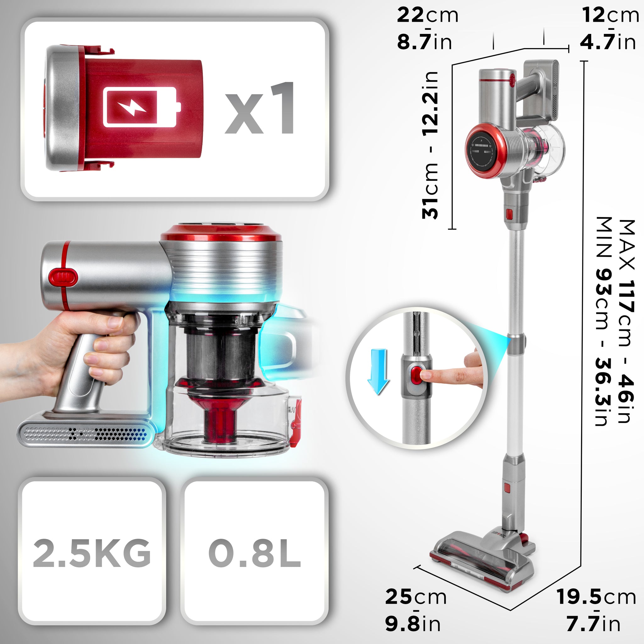 Duronic VC24 Odkurzacz pionowy bezprzewodowy akumulatorowy 2w1 odkurzacz stojący + odkurzacz ręczny samochodowy 220W 1 bateria | do podłóg drewnianych, laminowanych, parkietów | regulacja mocy ssania