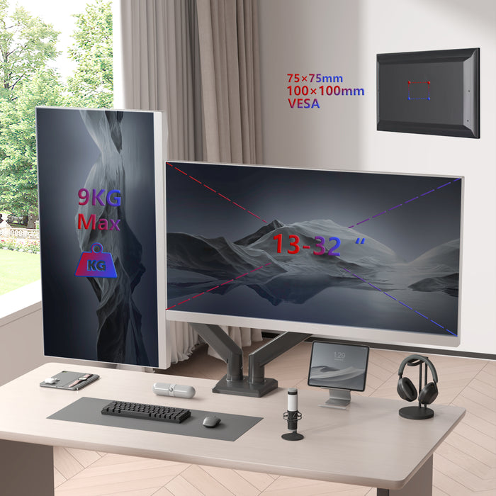 Duronic DM6A2 Uchwyt do 2 monitorów 13-32 cale VESA 75 100 obrotowy 360 stopni ramię gazowe max 9 kg pełna regulacja wysokości