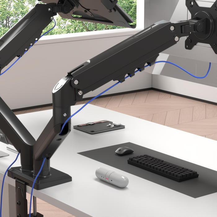 Duronic DM6AL1 ramię do monitora 13–32 cali z uchwytem na laptopa nośność 9 kg regulacja 360° sprężyna gazowa montaż biurkowy stojak obrotowy