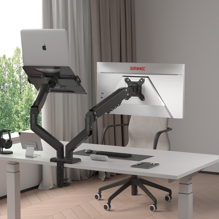 Duronic DM6AL1 ramię do monitora 13–32 cali z uchwytem na laptopa nośność 9 kg regulacja 360° sprężyna gazowa montaż biurkowy stojak obrotowy