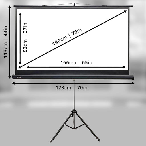 Duronic TPS75 16:9 Ekran projekcyjny 75 cali 166 x 93 cm ze statywem | do sali konferencyjnej i letnie kino domowe | współczynnik odbicia +1G technologia Matt White | ekran do rzutnika wolnostojący