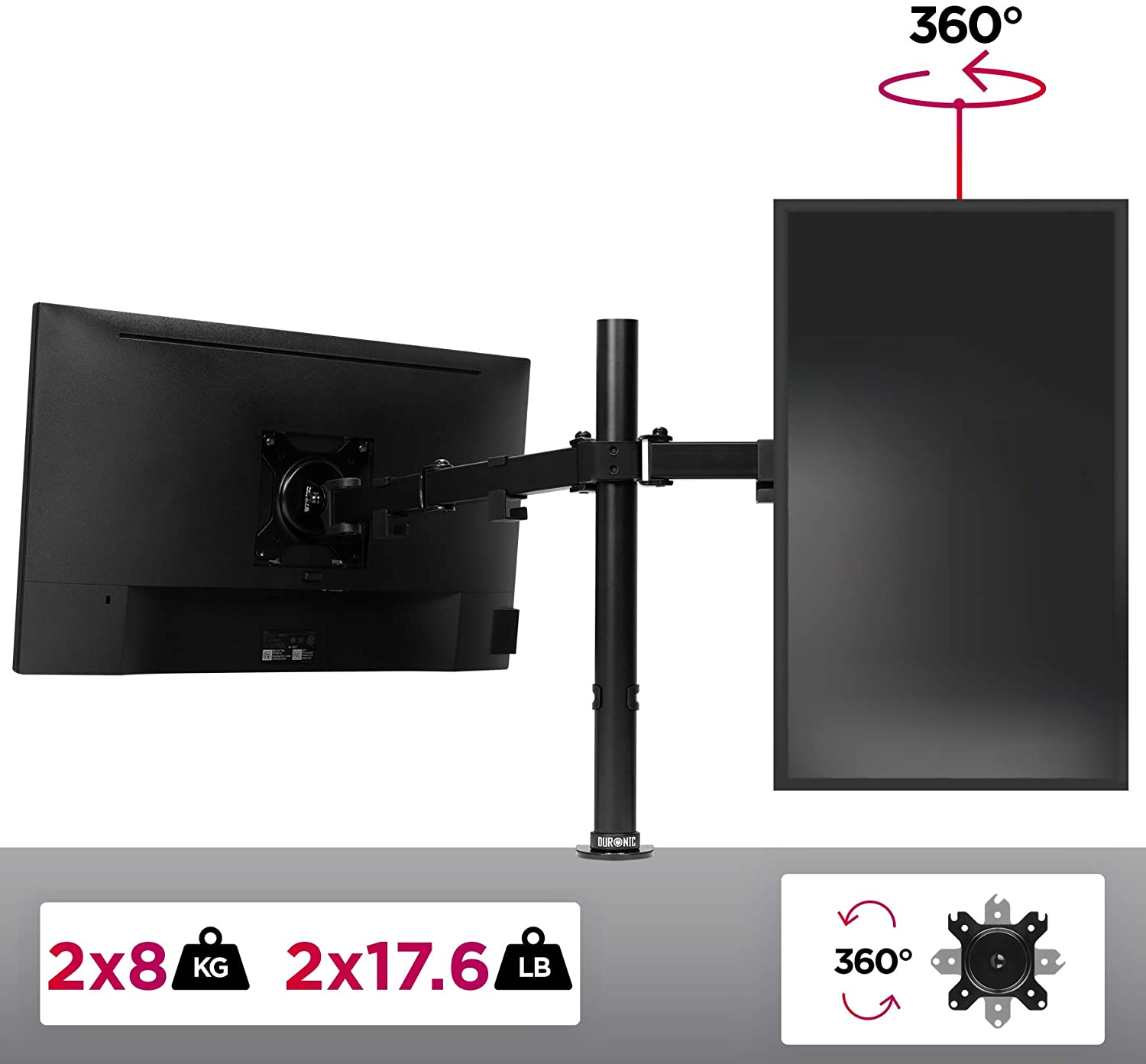 Duronic DM152 Uchwyt do dwóch monitorów do 2x 8 kg | VESA 75 lub 100  wieszak do ekranów, regulacja monitorów, 13- 27 cali