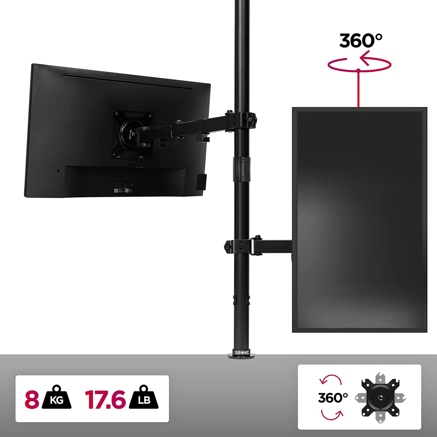 Duronic DMT151X3 Uchwyt na jeden monitor 2 x 8kg | monitory 13-32 cali | VESA 75 lub 100 | długi słupek 100 cm | do monitorów ultrawide