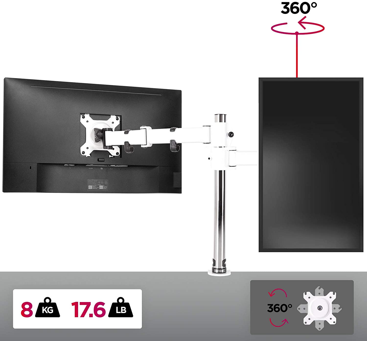 Duronic DM251X3 WE Uchwyt do monitora biały do 8kg | VESA 75 lub 100 |wieszak ramię| maks. 8 kg |stojak| regulacja monitora